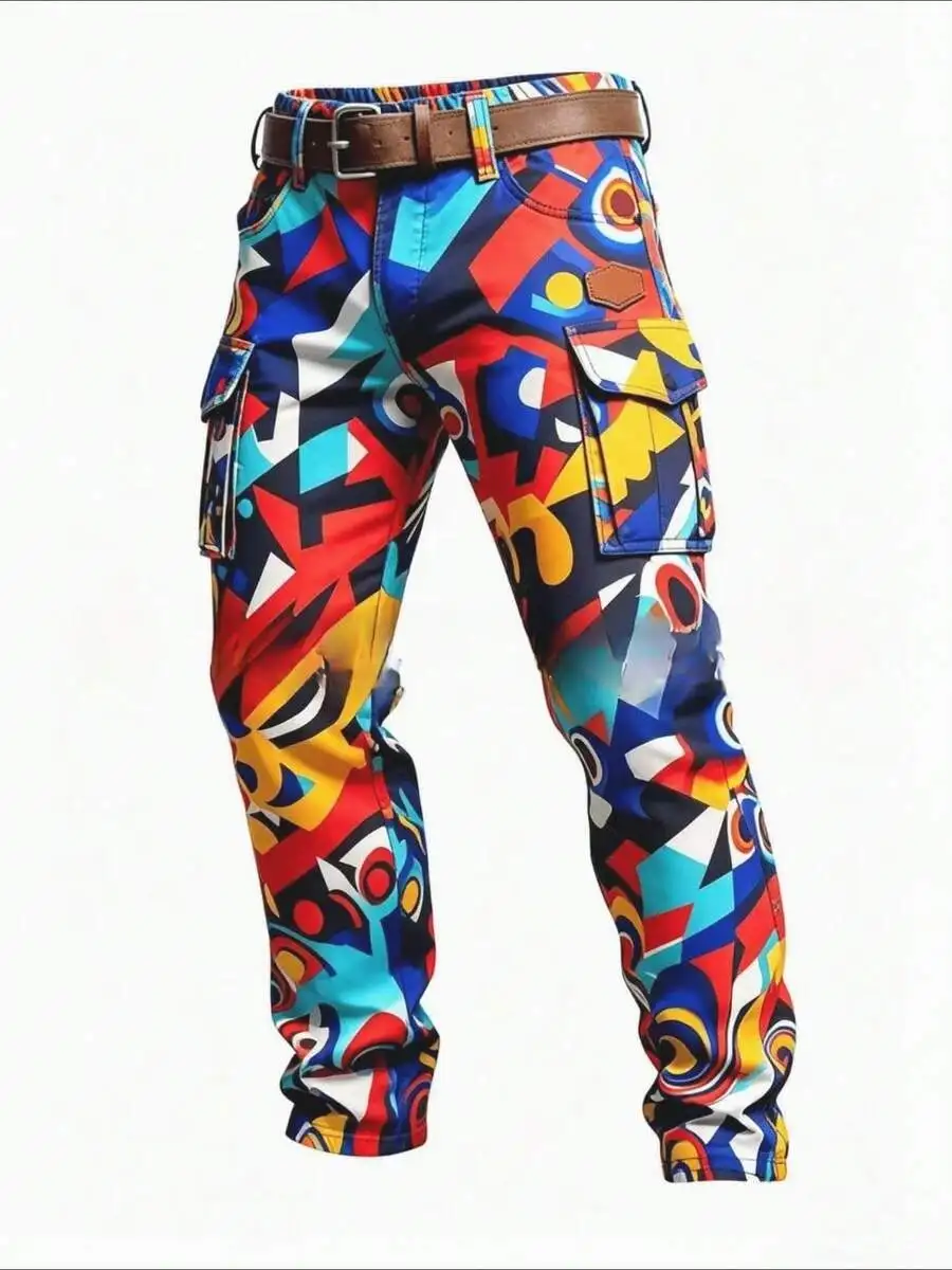 New Graffiti Cargo Pants For Men, Multi-Pocket Men's Vintage Digital Print Men's Work Pants, Punk Hip-Hop Style Men's Pants