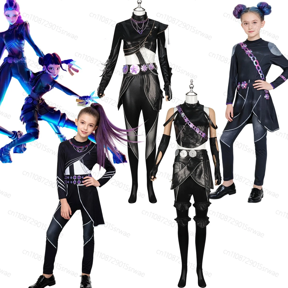 

Zoey Rumi Cosplay Costume Kpop Demons Hunters Group Idol Roleplay Children Adults Pants Belt Gloves Black Leather Bodysuit