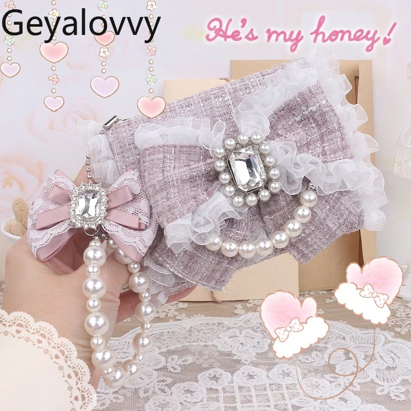 

Handmade Japanese Style Sweet Cute Girls Lace Trim Big Bow Wallet Lolita Versatile Beaded Foldable Small Bag Purses