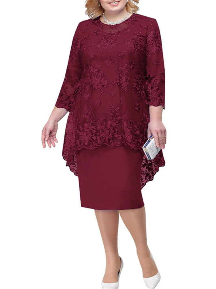 FSMG – robe de soirée grande taille pour femmes, ensemble deux pièces Slim Fit, couleur unie, col rond, taille haute, dentelle brodée