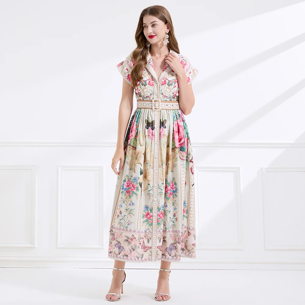 Elegant Summer Bohemian Floal Maxi Dress Shirt Women Palace Suit Collar Short Sleeve Print Bird Holiday Beach Long Dresses Belt