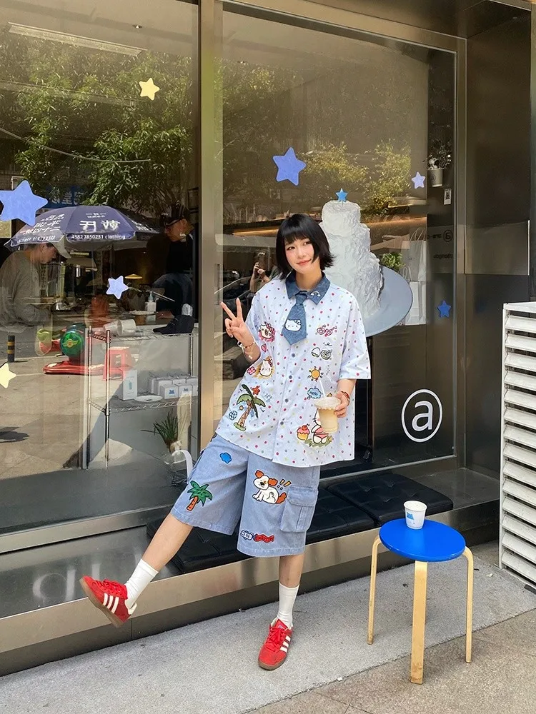 

BIBULU милый джинсовый галстук в горошек с вышивкой KT ort Sve irt, женский модный летний новый уличный свободный крой