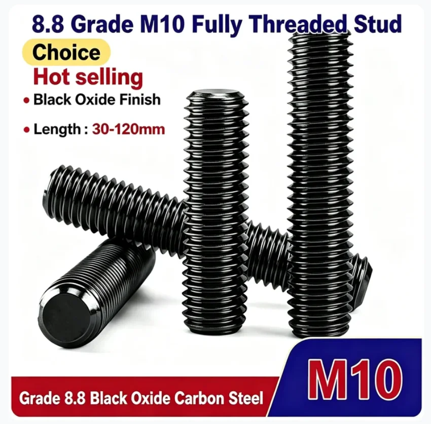M10 Grade 8.8 Carbon Steel Black Oxide All Thread Stud Fully Threaded Rod Metric Stud Bolt Hardware Fastener