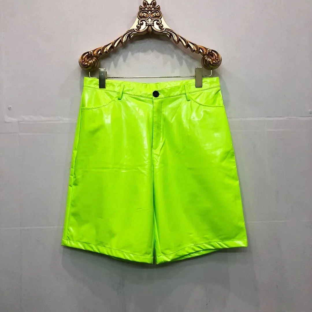 

Reflective PU Leather Knee Length Pants Nightclub Bar Shorts Cropped Trousers Men Large Size Hip Hop Dance Costume Silver Black