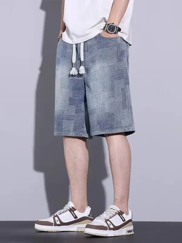 ฤดูร้อนบาง DENIM ort กางเกงผู้ชาย 2025 ใหม่อเมริกัน High Street วัยรุ่นสบายๆห้าจุดอินเทรนด์ Star ลวดลายกางเกงยีนส์