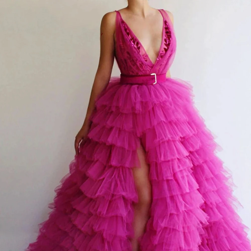 Evening Dresses for Women Fashion V-Neck Layered Pleat Prom Gowns Elegant Appliques Side Slit Tulle Puff A-Line Party Dresses