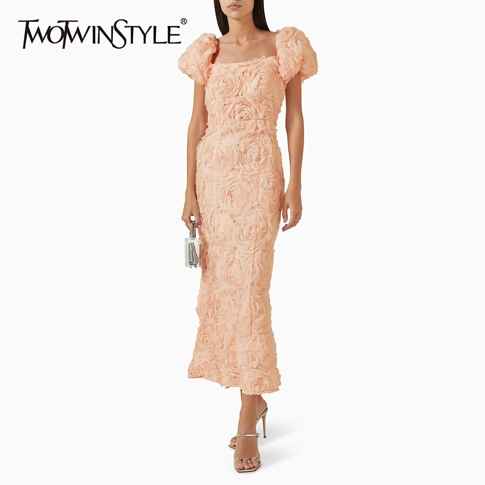 TWOTWINSTYLE Slimming Spliced Fungus Folds Dresses for Women Square Neck Short Sleeves Patchwork Flower Elegant Dress Female New