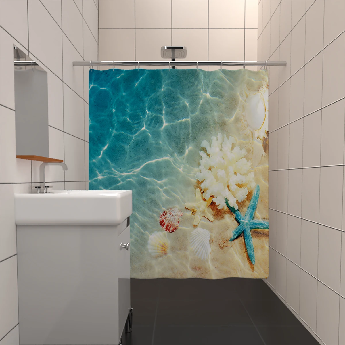 1 piece of 180x180cm beach starfish printed shower curtain with hooks, waterproof and mildew proof partition in the bathroom