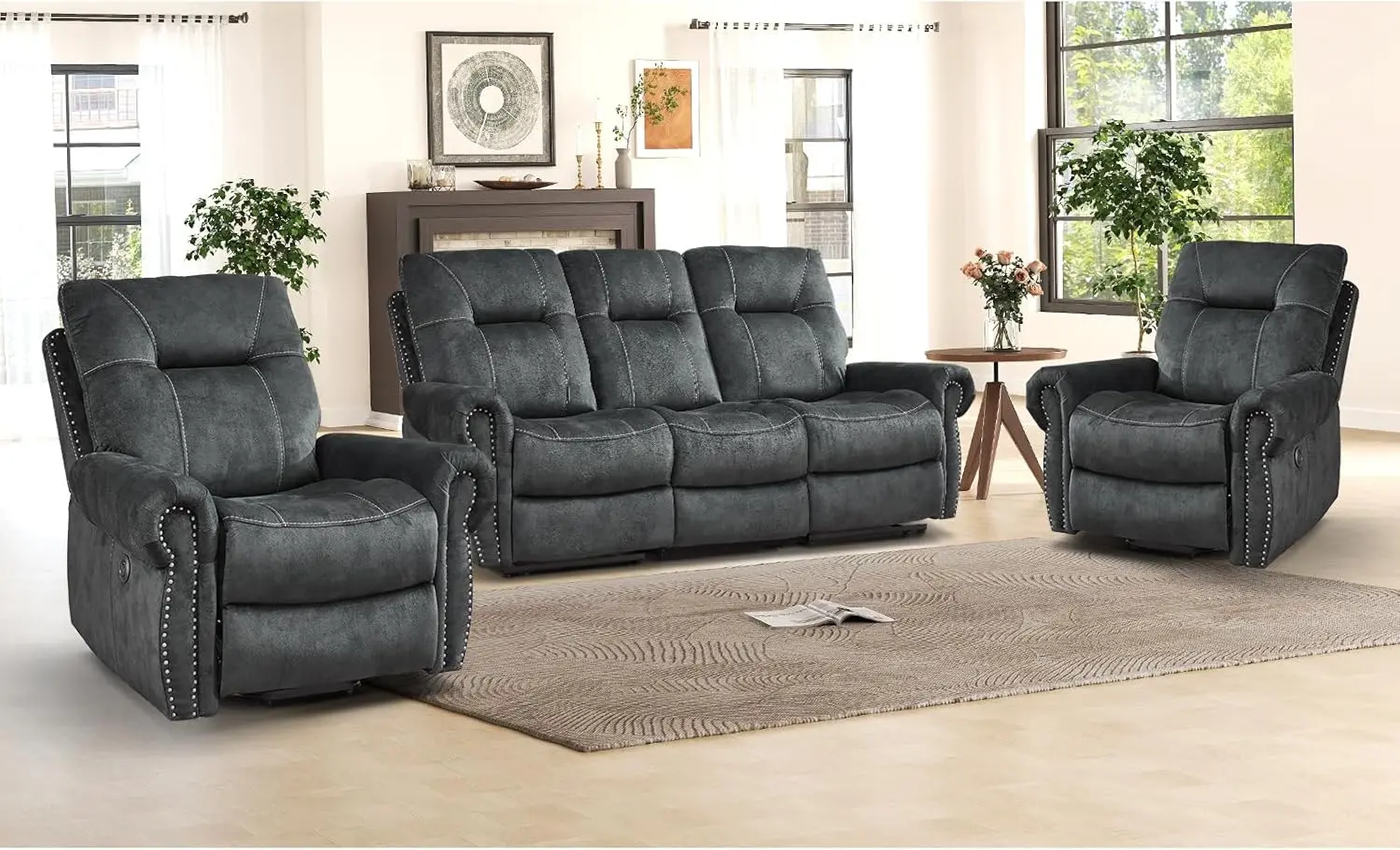 3 Pieces Reclining Couch Furniture Set for Living Room, Double 1 Seat Power Recliner Chair with Massage and Heat, a 3 Seater Man