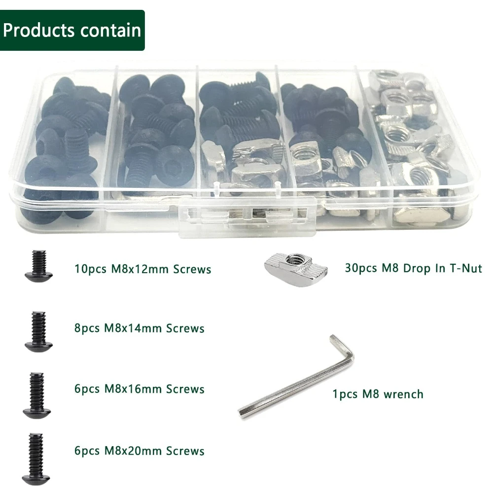 60 Pcs Carbon Steel Round Head Hexagon Socket Bolts Silver M8 T-type Nuts with Wrenches Nut and Bolt Combination Kit Washers Set