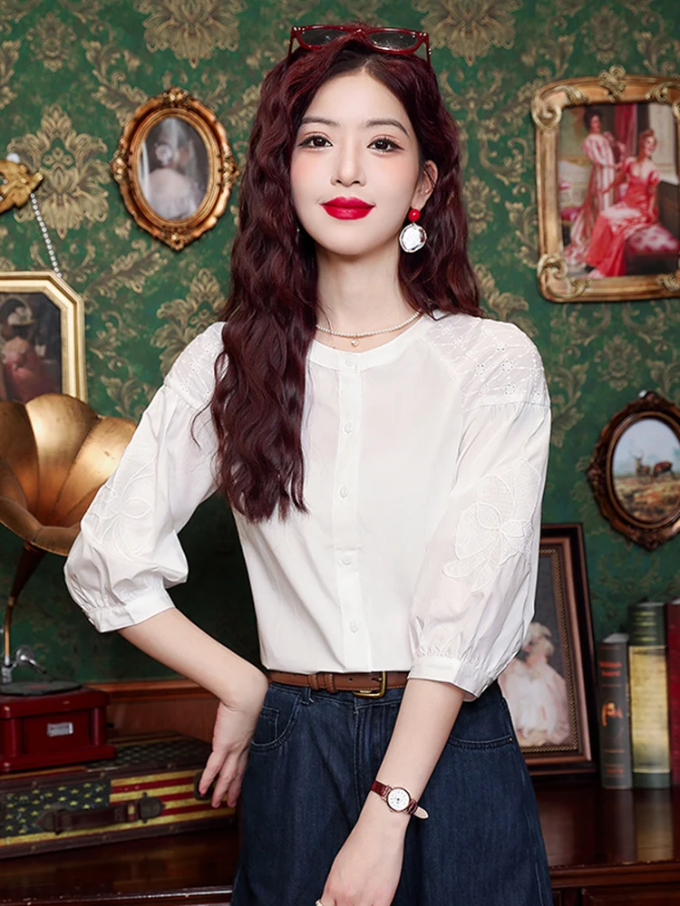 

Faionable White round Ne Seven Sve Women's irt Summer 2026 New Sle Versatile Ladies' Blouse Commute Ele Straig...