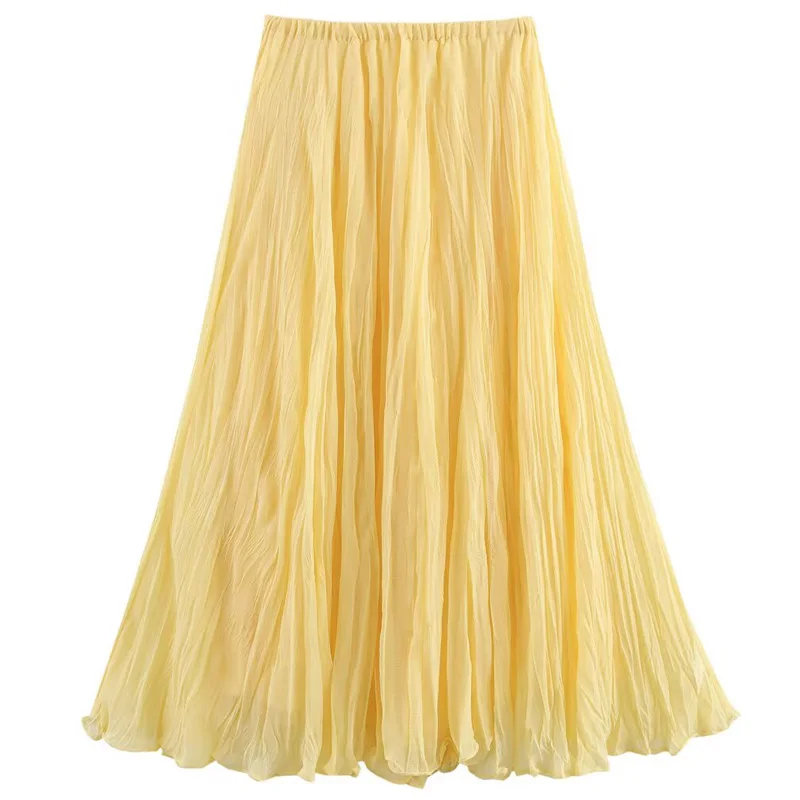 HXAO Women's Skirt Yellow Pleated Skirt Summer 2025 Midi Ruffle High Waist Long Skirts For Women Elegant Casual Vacation Skirts