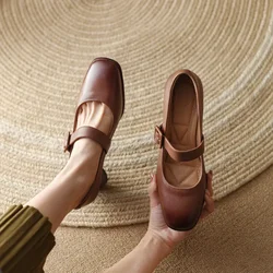 Mary Jane Pumps Women 2025 New Spring Luxury Genuine Cow Leather Medium Block Heel Handmade Quality Comfortable Breathable Shoes