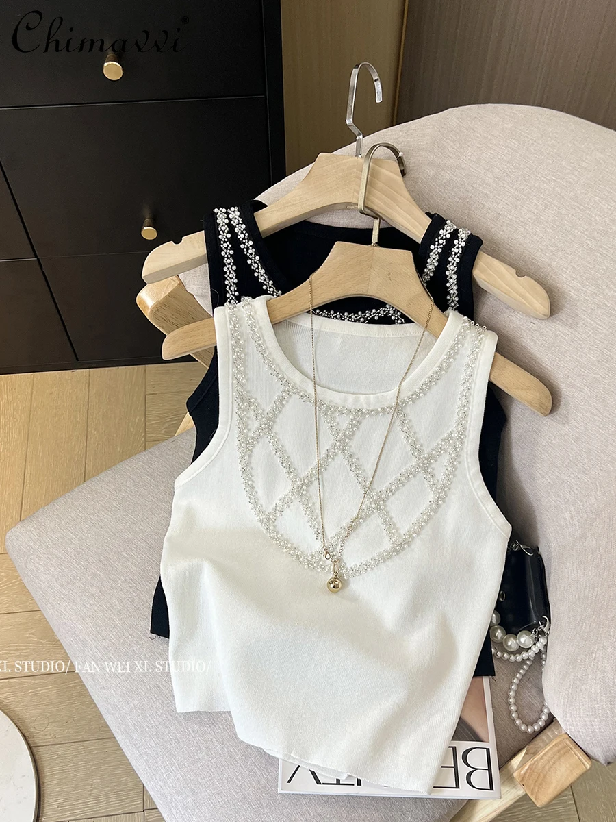 Ice Silk Knitted Top for Women 2024 Summer Clothes New French Heavy Beaded Slim-Fit Short Sleeveless Camisole Ladies Tanks Top