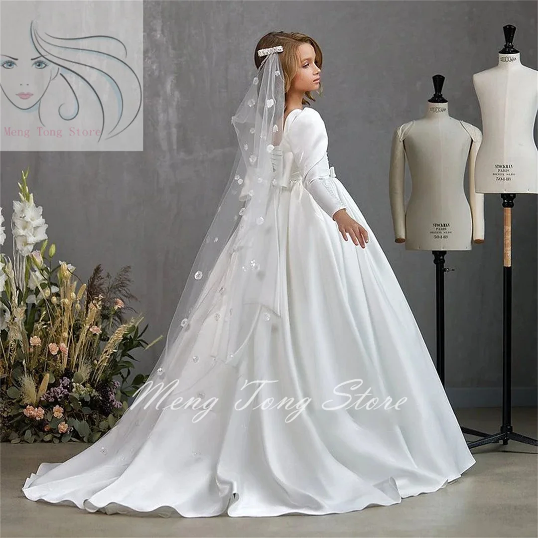 

Flower Girl Dresses For Wedding Puffy Satin Full Sleeves Floor Length Dress Applique First Communion Party Ball Gown New
