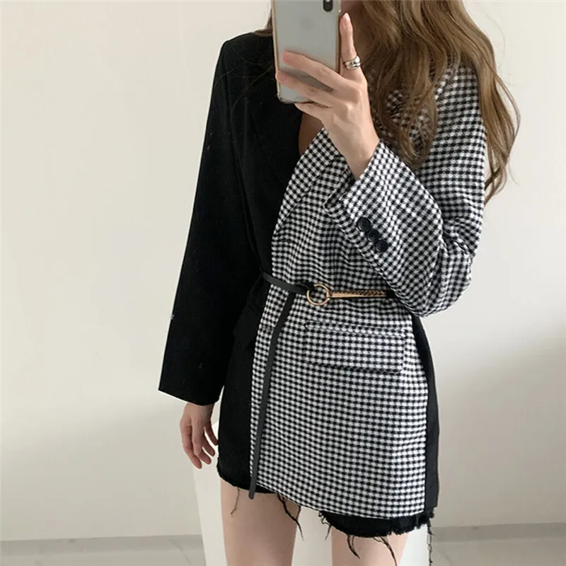 Coreano vintage pied de poule plaid splicing giacca cintura primavera donna casual monopetto bavero manica lunga blazer cappotto