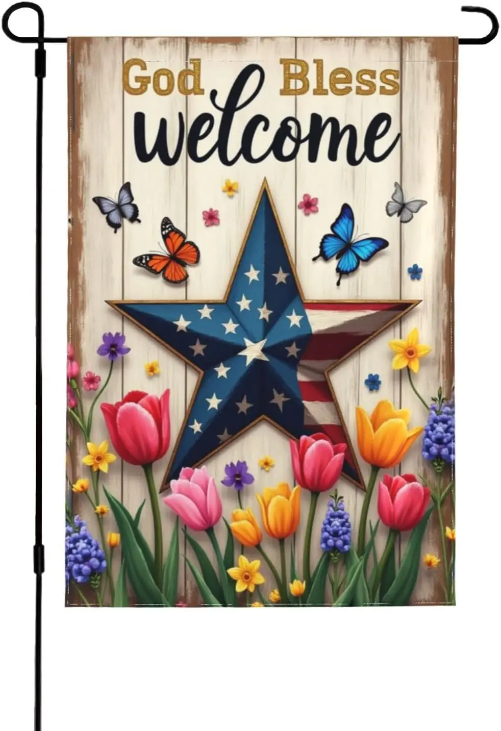 Welcome Garden Flag God Bless American Star Patriotic Flower Butterfly Religious Faith Yard Flag Outdoor Decor Double Sided  AAO
