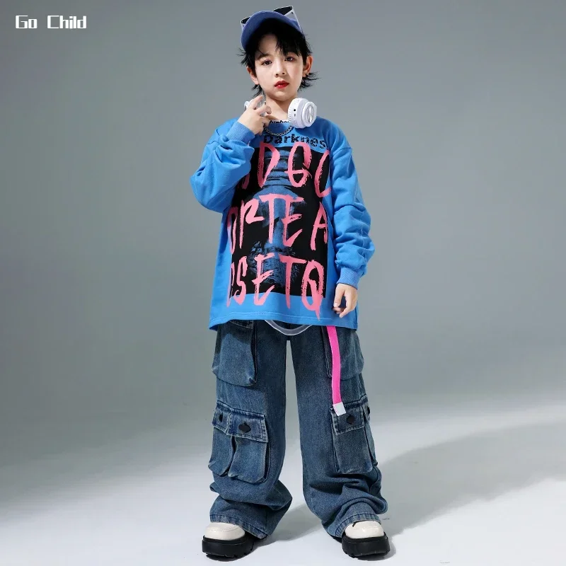 Kinder Hip Hop coole Sweatshirt Jungen Tasche Denim Cargo hose Mädchen Street Dance Pullover Streetwear Kind Jazz Kostüm Kleidung Set