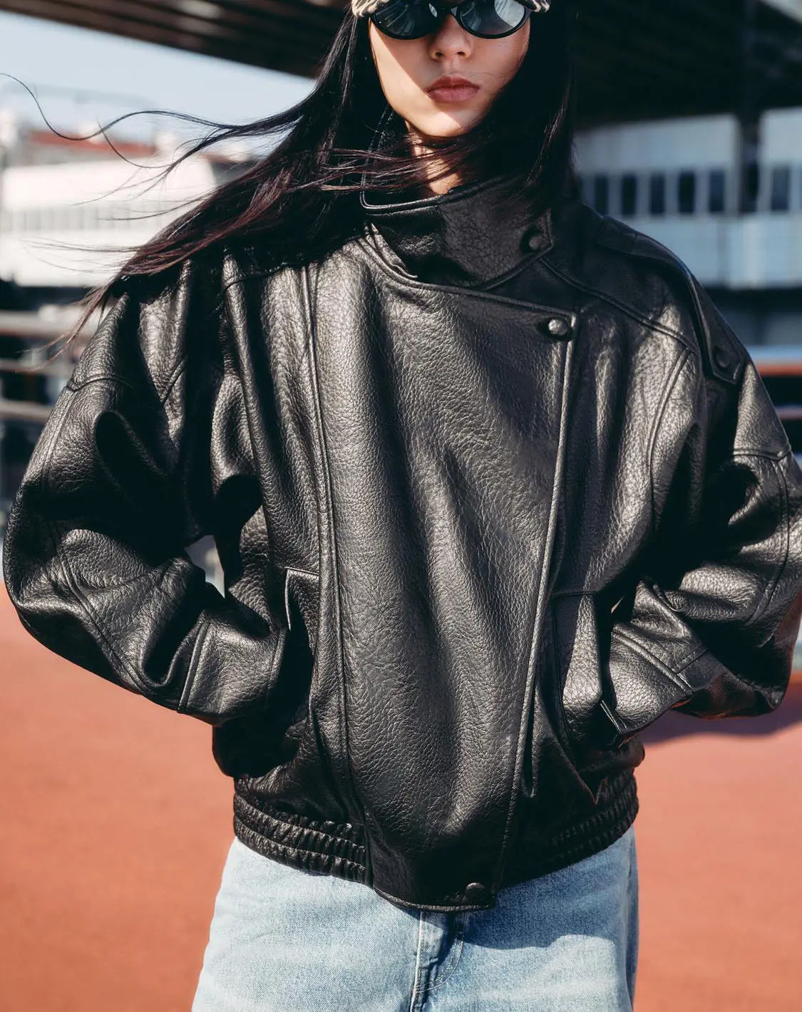 

BJTZ 2026 Spring Autumn Women Fashion Faux Leather Jacket Casual Loose Streetwear Outerwear Elegant Coat