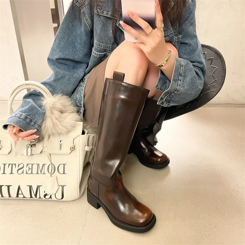 Meotina Women Genuine Leather Knee High Boots Round Toe Platform Thick Mid Heels Long Boot Ladies Fashion Shoes Autumn Winter