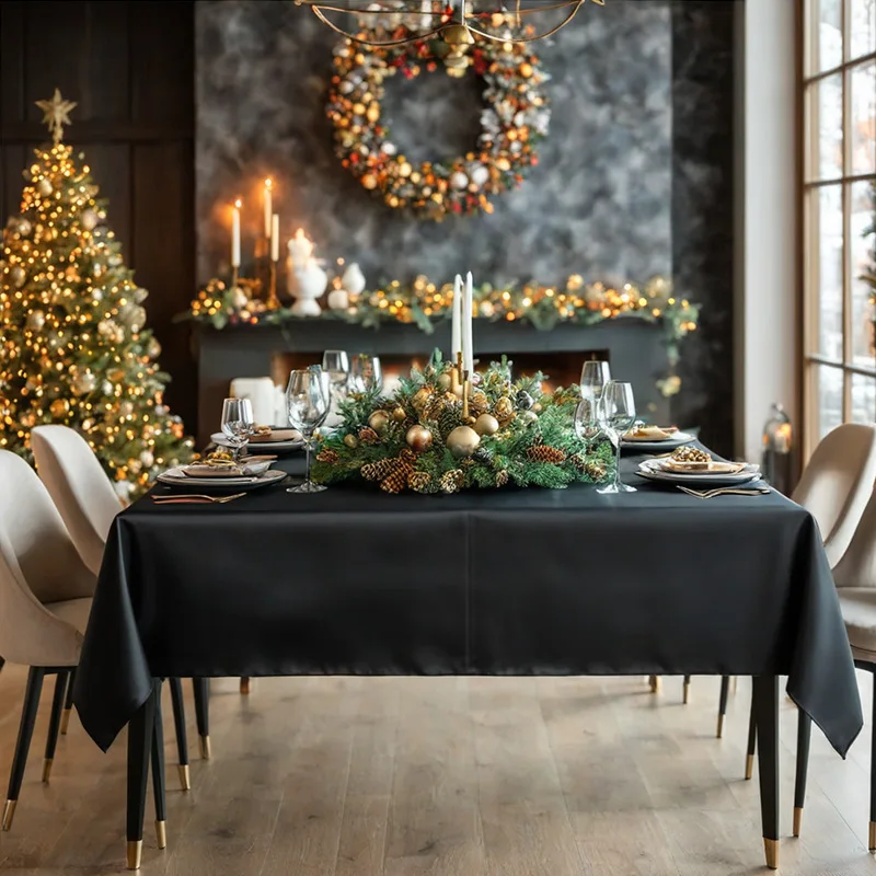 Nordic Solid Black Satin Table Overlay, Smooth Glossy Fabric Cover for Banquet Wedding, Birthday Party & Dining Event Home Decor