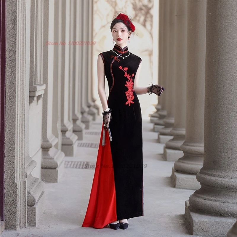 

2025 chinese vintage dress improved cheongsam national flower embroidery velvet sleeveless qipao retro stage performance dress