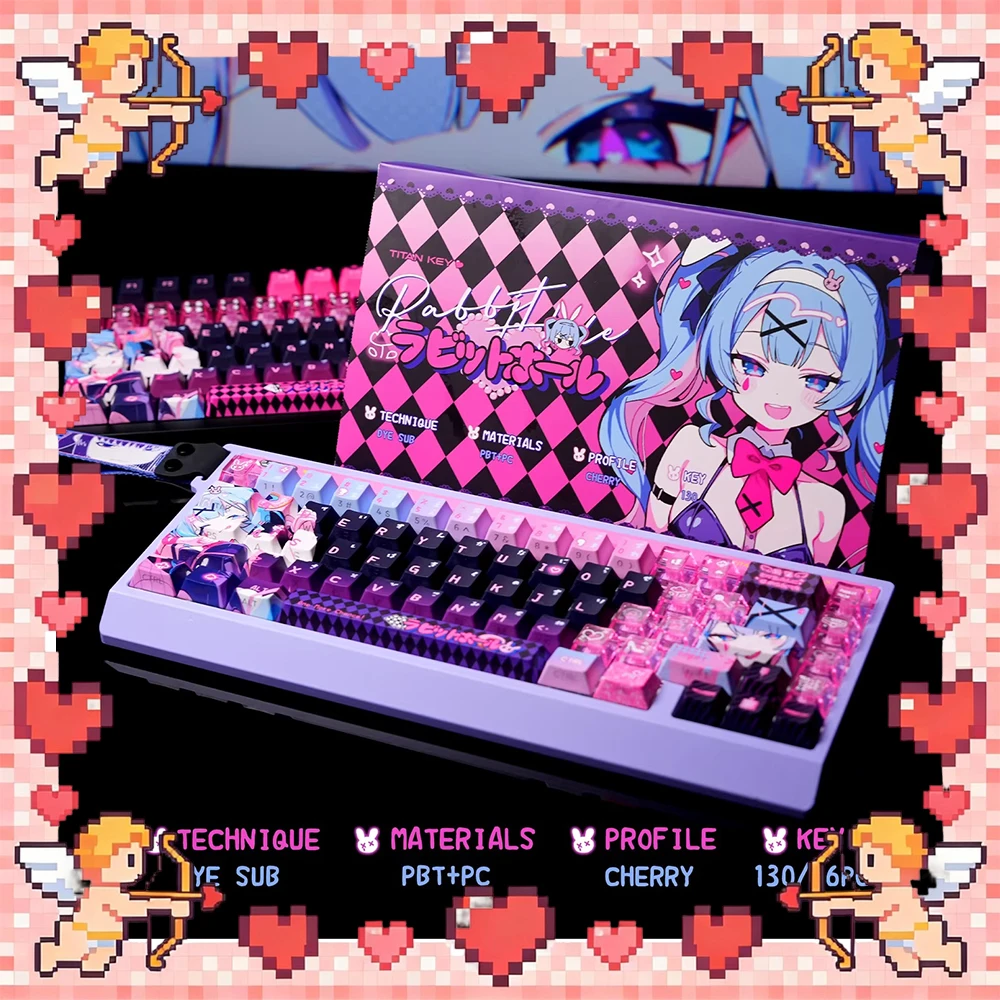 TITANNATION Rabbit Hole PC Keycaps Original Side Permeable PBT Keyboard Keycaps Black Pink Bee Ev63 Steps From Ace68 Accessories