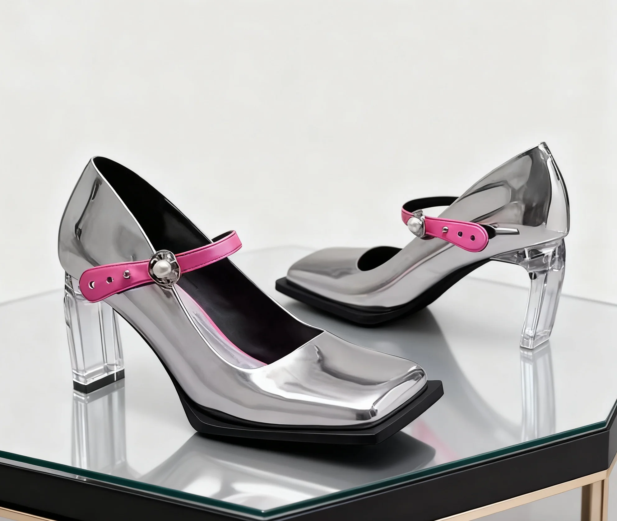 

Silver Pink Buckle Contrast-Color Square-Toe Pumps Single-Strap Clear Heel Women's High Heel Shoes