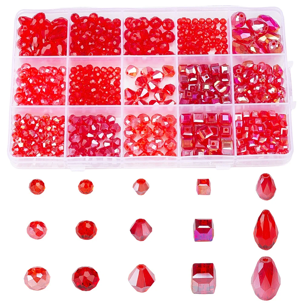 1 Box 630PCS Red Faceted Glass Beads with Holes Mixed Sizes Assorted Plated Rondelle Cube Bicone Teardrop Loose Bead Bulk