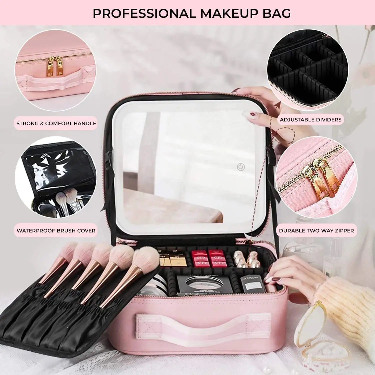 Travel Bags Box Led Light Large Capacity Makeup Case Storage Bag Waterproof PU Cosmetic Case with Led Lights and Mirror