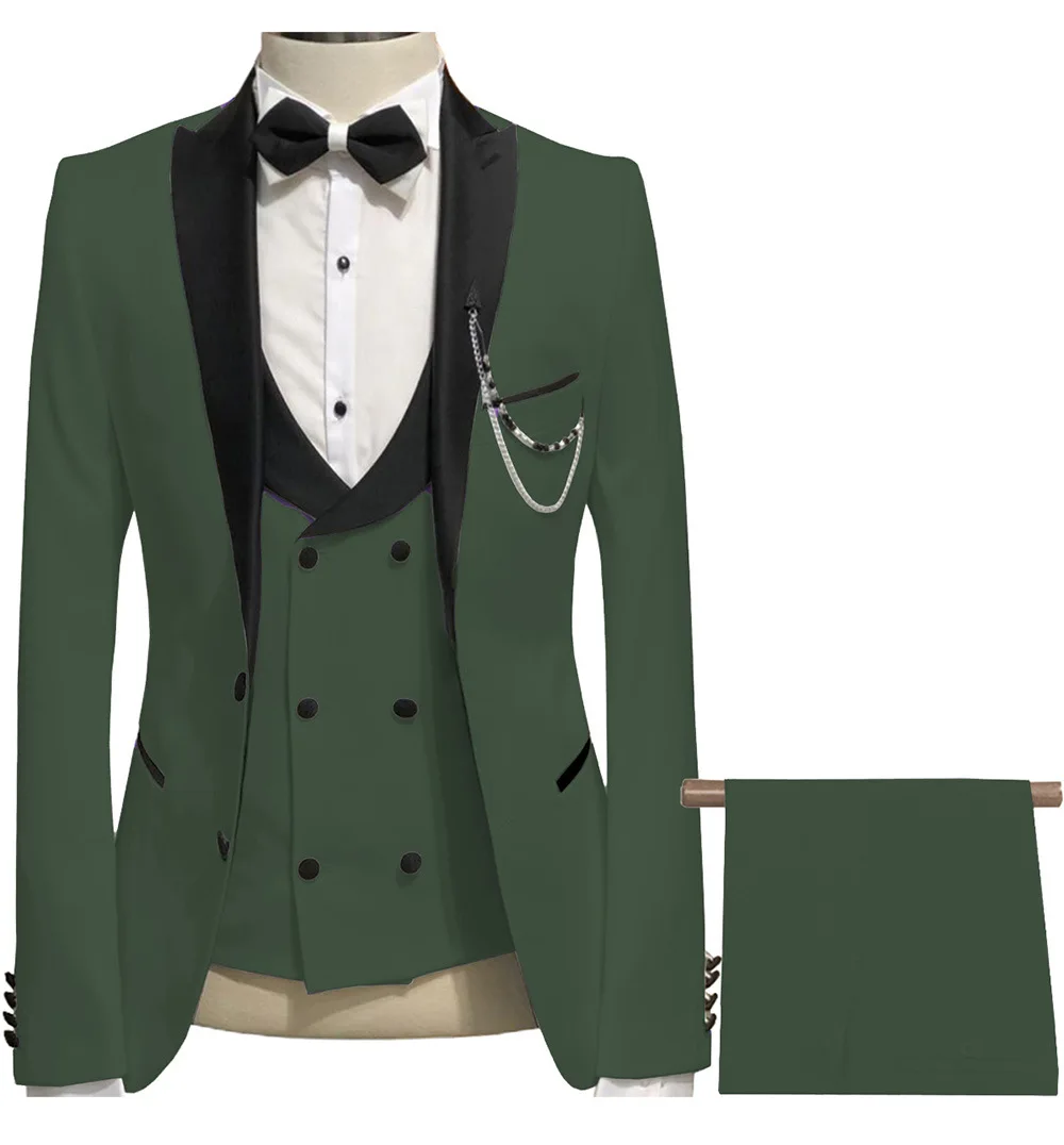 

Lansboter Green Men Suit 3 Pcs With Black Lapel Slim Fitting Business Formal Wedding Professional Casual Jacket Vest And Pants