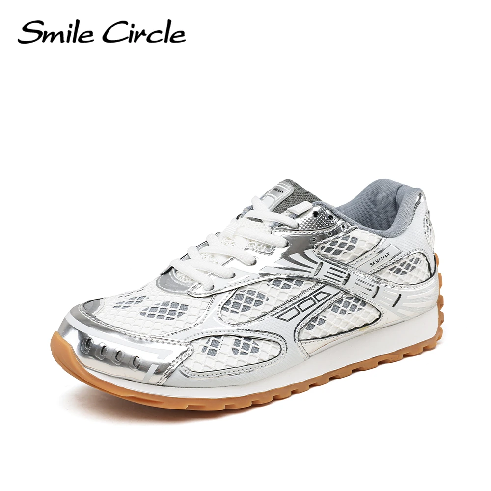 Smile Circle Orbit Sneakers Women Retro Lace-up Round toe Trainers Breathable Mesh Casual Shoes Silver/Green/Burgundy