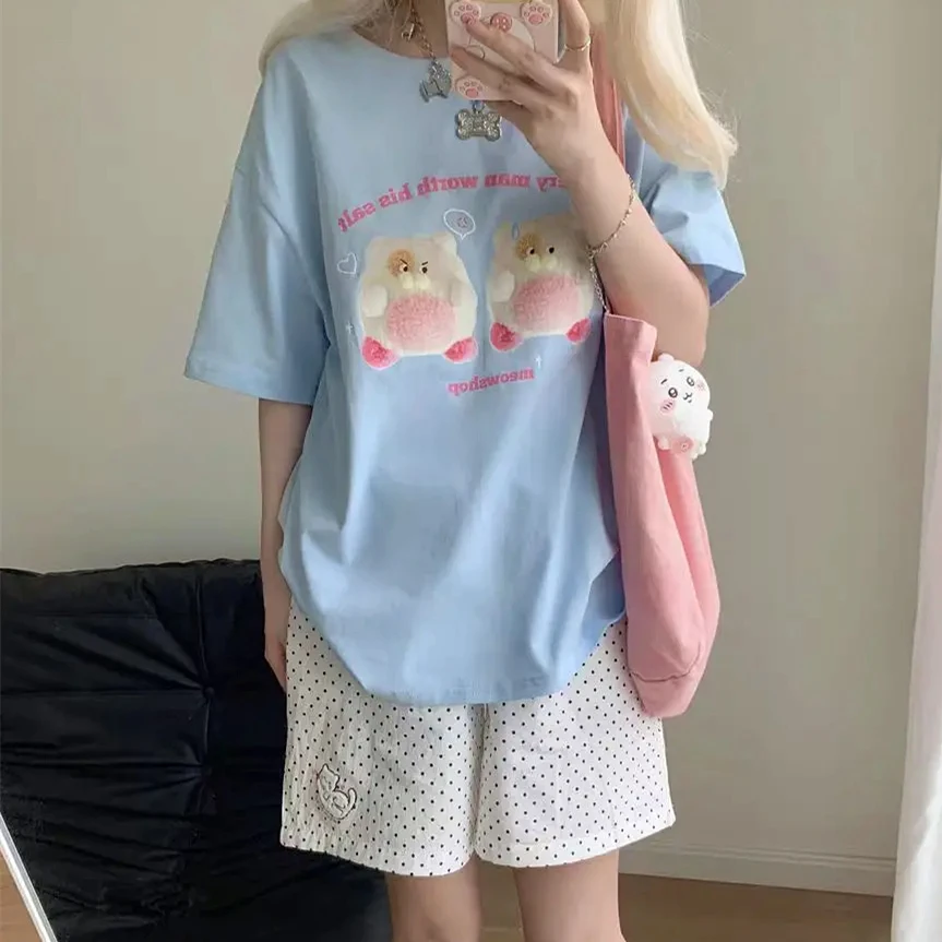 Korean Brand Cat Embroidery Cute Shorts Summer Cotton Pants Knee Length Loose Elastic Waist Polka Dot Shorts Retro Harajuku Girl