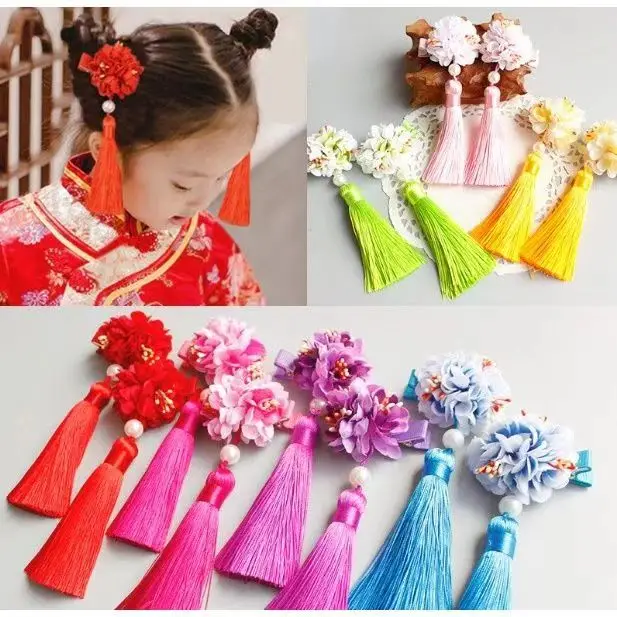 New Chinese Flower Princess Tassel Hairpins Children Sweet Headwear Girls Hair Clips Cute Barrettes Hairgrips Hair Accessories