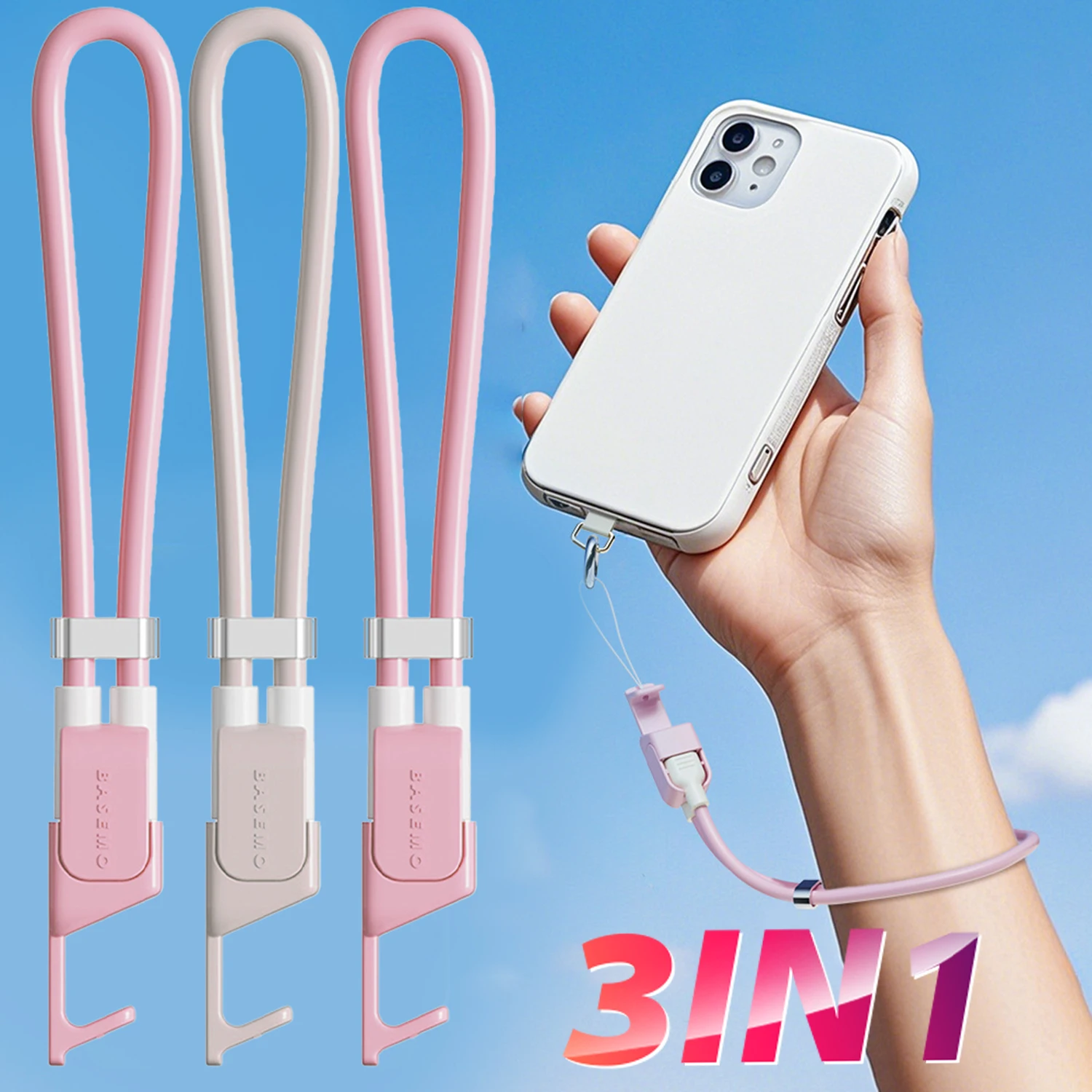 3 IN 1 Mobile Phone Fast Charfing Charger Cable Lanyard For Samsung Xiaomi Mi Huawei Multifunction Phones Wrist Strap Data Cord