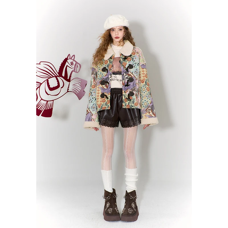 ELFSACK Women Short Padded Jacket Winter Faux Wool Blend Full Print Fluffy Trim Gothic Casual Winter Jacket