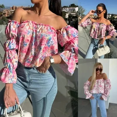 

Summer New Women's Shirt One-length Collar Flower Print Sexy Off-shoulder Lantern Long-sleeved Top Girl Elegant Blouse
