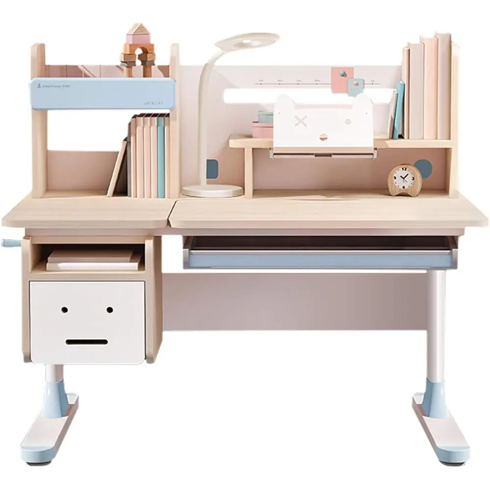 

Adjustable Height Kids Study Desk with Built-in Bookshelf and Hutch in Blue