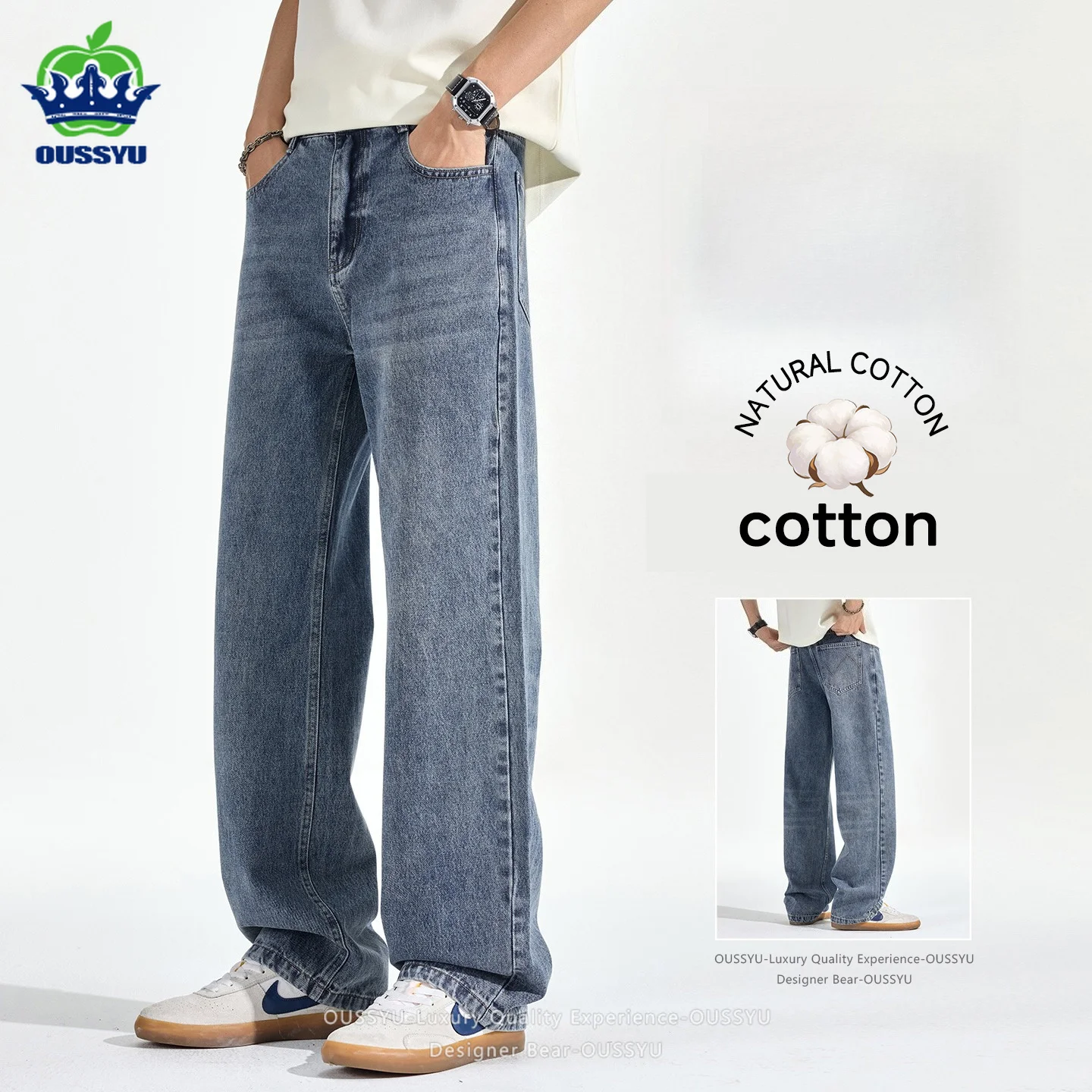 

High-end Classic Men's Baggy Straight Jeans American Style Cotton Versatile Denim Pants Blue Twill Work Trousers Male Brand