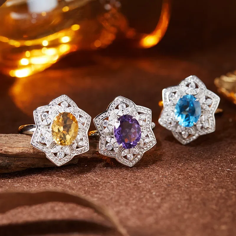 S925 sterling silver natural citrine amethyst topaz ring women's colorful jewelry live broadcast explosion factory wholesale