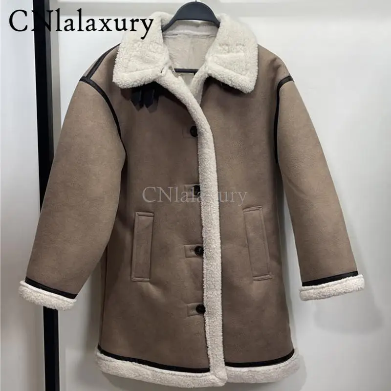 CNlalaxury 2024 Autumn Winter Women New Double Breasted Mid Length Coat Overcoat Long Sleeved Simplicity Fashion Versatile Warm