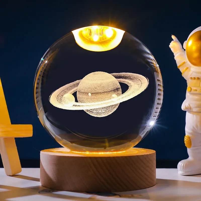 Luminous Crystal Ball LED Night Light Saturn Solar System 3D Moon Table Lamp USB Bedroom Atmosphere Lamp for Birthday Kid Gift