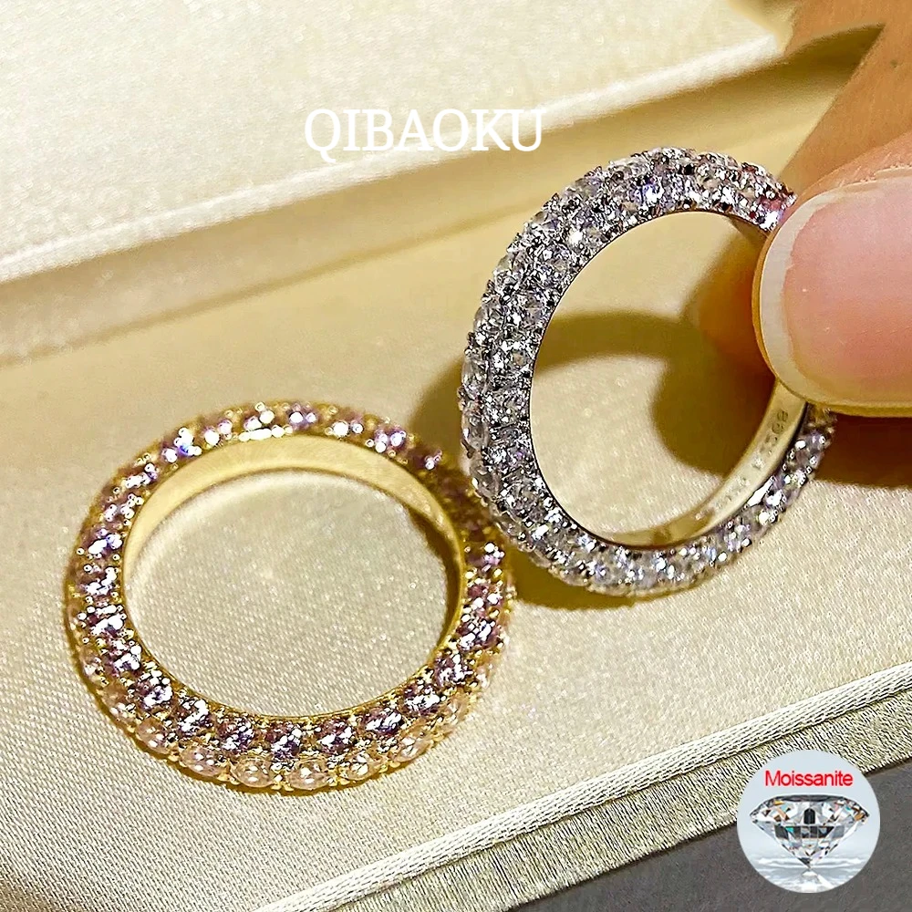 QIBAOKU Full Moissanite Rings S925 Silver 18K Gold Plate 3-Row Lab-grown Diamond For Women Wedding Band Fine Jewelry