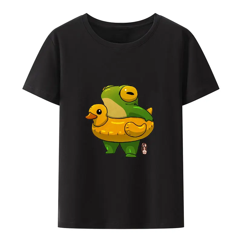 Cute Summer Time Ducky Frog Swimming Pool Floatie Print T Shirt O-neck Unique Creative Leisure Pattern Ropa Mujer Short Sleeve