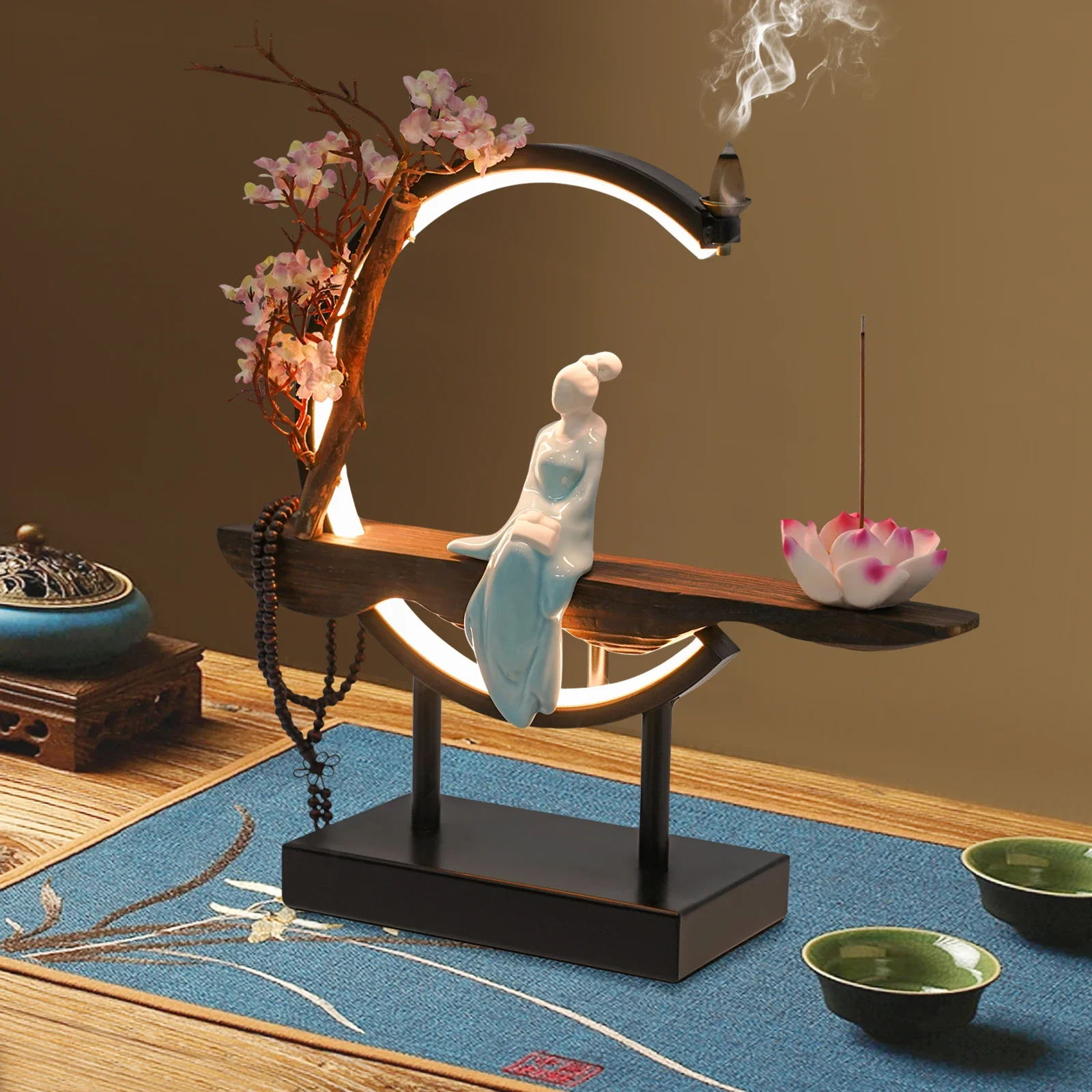 Home Decor Backflow Incense Holder—Stable Rectangular Base, One-Touch Control Lotus Incense Insert Relieves Stress(Purifies Air)