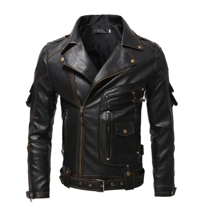 Men Vintage Asymmetric Zipper Leather Jacket Multi Pockets Motorcycle Biker Coat Ghost Rider Style Stage Performance Outerwear