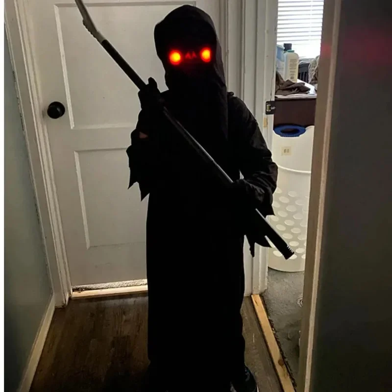 Halloween Cosplay Costume Grim Reaper Scary Skeleton Costume Children Glowing Red Eyes Grim Reaper Ghost Robe Send Scythe Props