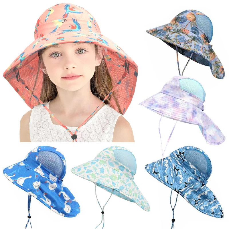 2024 Kids Bucket Hat Summer Quick-dry Baby Sun Hat Big Brim Neck Protector Children Panama Cap for Girls Boys Beach Travel 6M-5Y