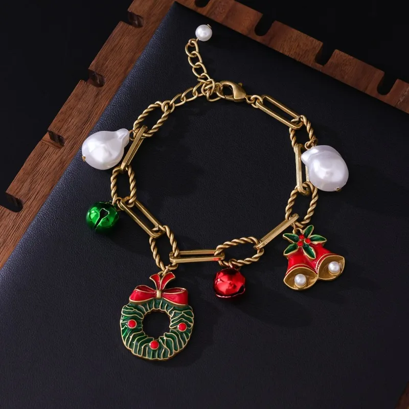 

Middle Vintage Christmas Bell Bracelet Retro Palace Style Heavy Industry Hand Ornament Colorful Geometric Glass Pearl Bracelet