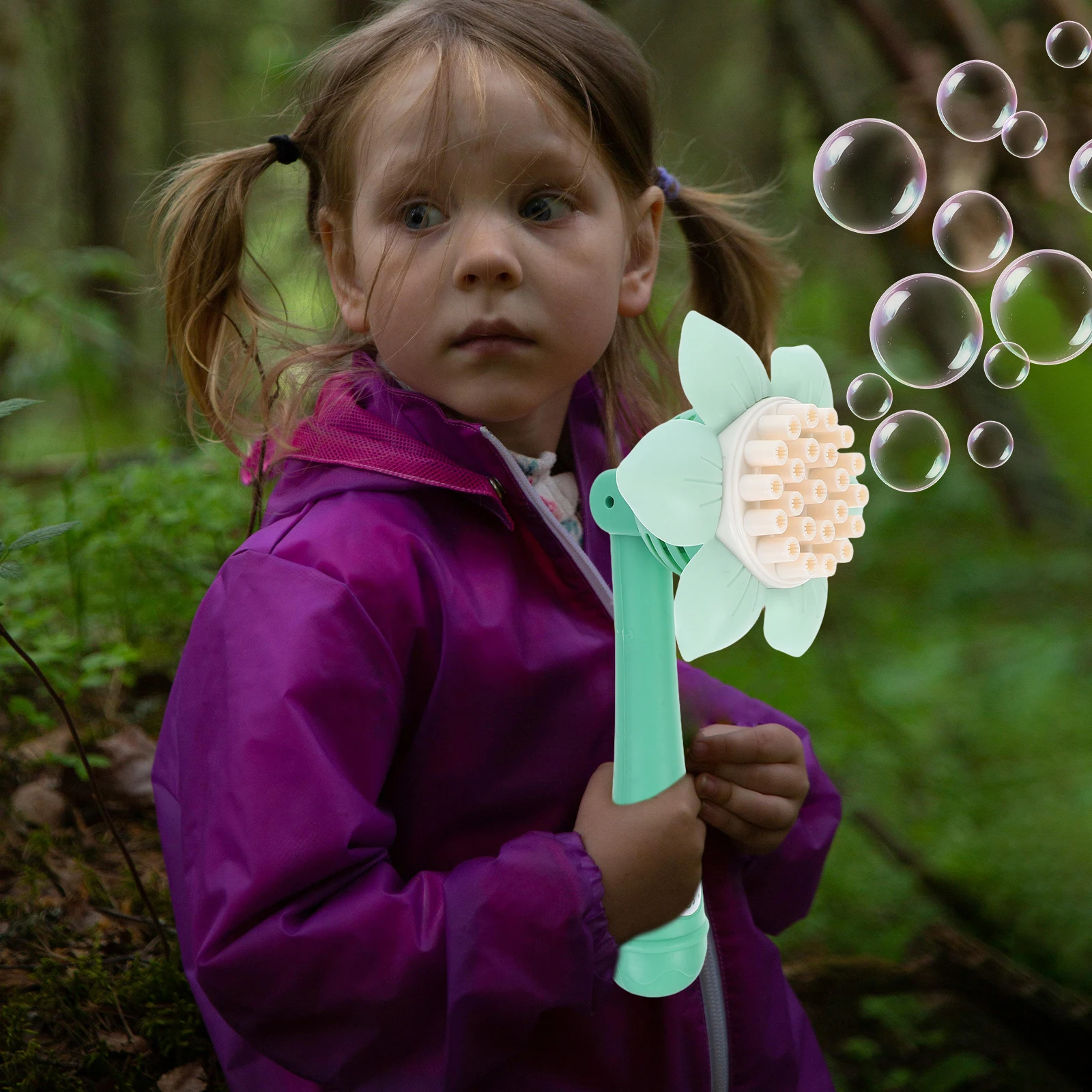 Varita de burbujas portátil con forma de girasol, soplador de burbujas eléctrico para niños, juguete de varita de regalo para jugar al aire libre y al interior